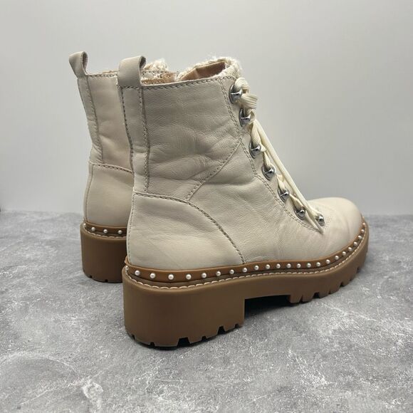 Steve Madden Cream Leather Rainier Platform Boot Size 8.5 M Pearl Accent Lace Up - Picture 3 of 12